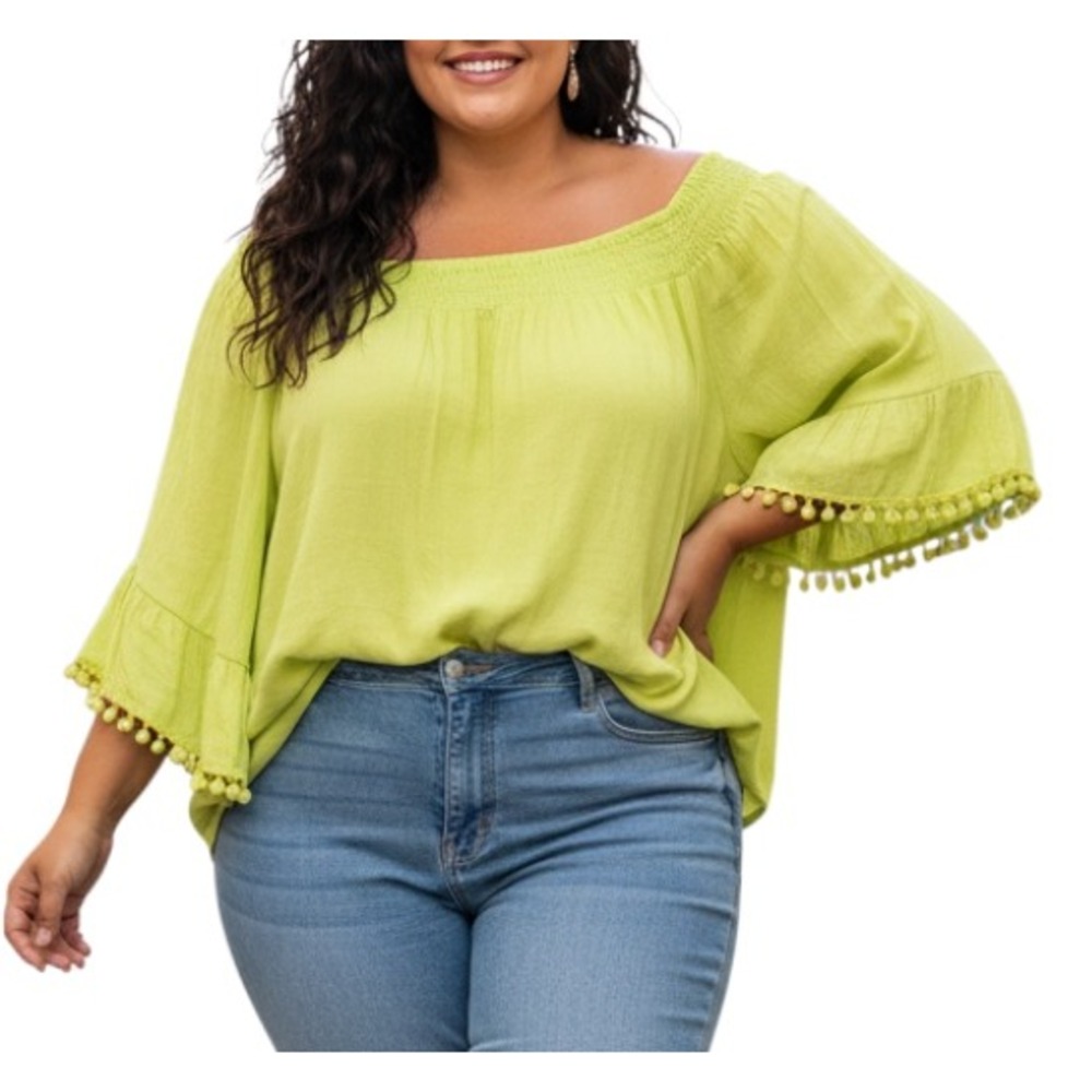 CATO PEASANT TOP Lime Green SMOCKED NECKLINE Pom-Pom Bell Sleeve BLOUSE 22/24W